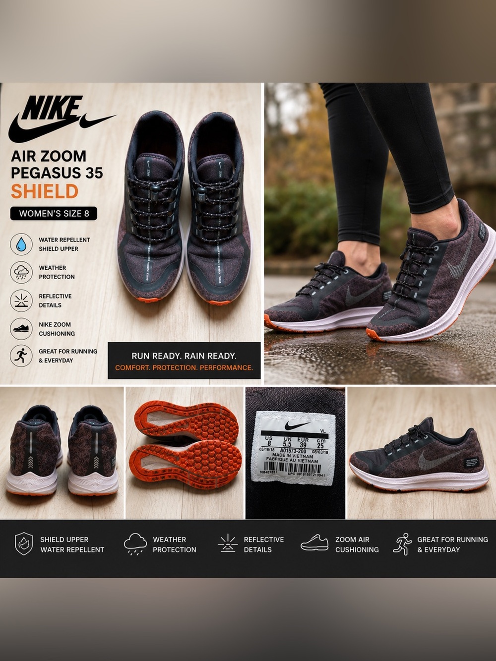 Nike Air Zoom Pegasus 35 Shield Women’s Size 8 Running Shoes Reflective